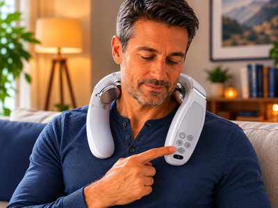 Adjusting massage settings on Mekato Neck Massagers during a daily comfort routine